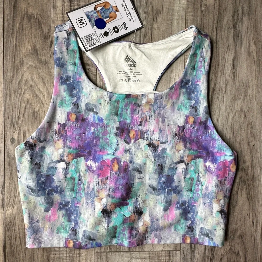 NWT RBX Printed Longline Sports Bra with Inner Shelf in Purple Blue Size Medium - Picture 1 of 5